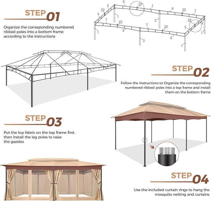 COBIZI Gazebo 12x20 Heavy Duty Gazebos with Curtain and Netting Outdoor Gazebo Canopy Double Roof Patio Gazebos with Metal Steel Frame for Patio, Deck, Backyard (Khaki)