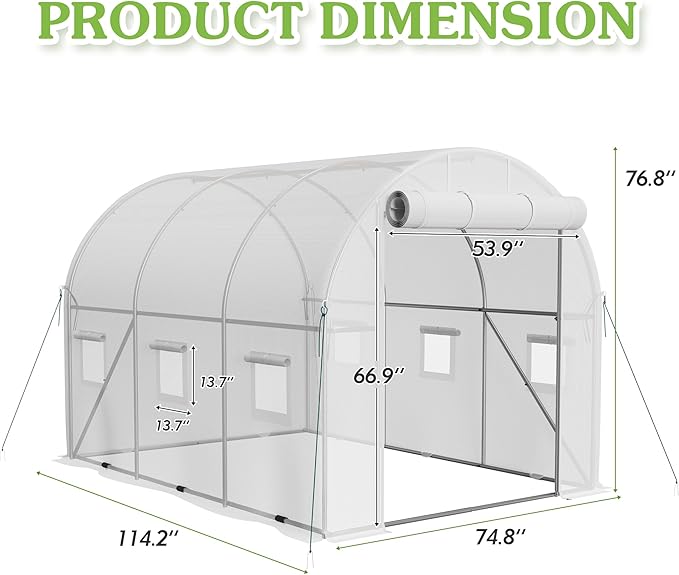 Greesum Walk-in Greenhouse for Outside Heavy Duty, Green House with Zippered Screen Doors & 6 Screen Windows for Winter, Ideal for Plant Protection and Growth, White