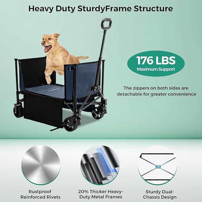 SUNNYFEEL Wagon Cart Foldable, Standard Borderless Version Collapsible Wagon with 220 LBS Max Load, Up to120L Foldable Grocery Cart with Side Opened for Groceries, Garden & Camping,Blue