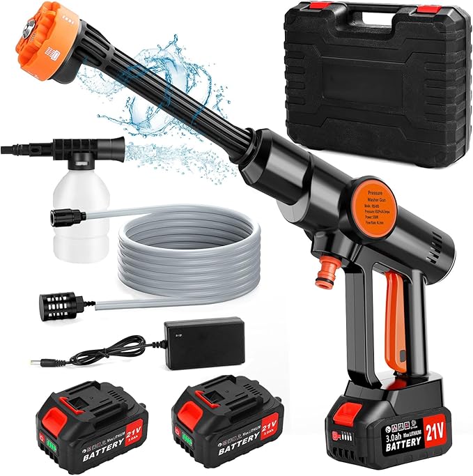 Lemolify 6000mAh Battery Pressure Washer, Electric Power Washer Cordless, Portable Car Pressure Washer Handheld with 6-in-1 Nozzle,17FT Drain Hose, Power Cleaner for Patio Floor Fence Deck,2 Battery