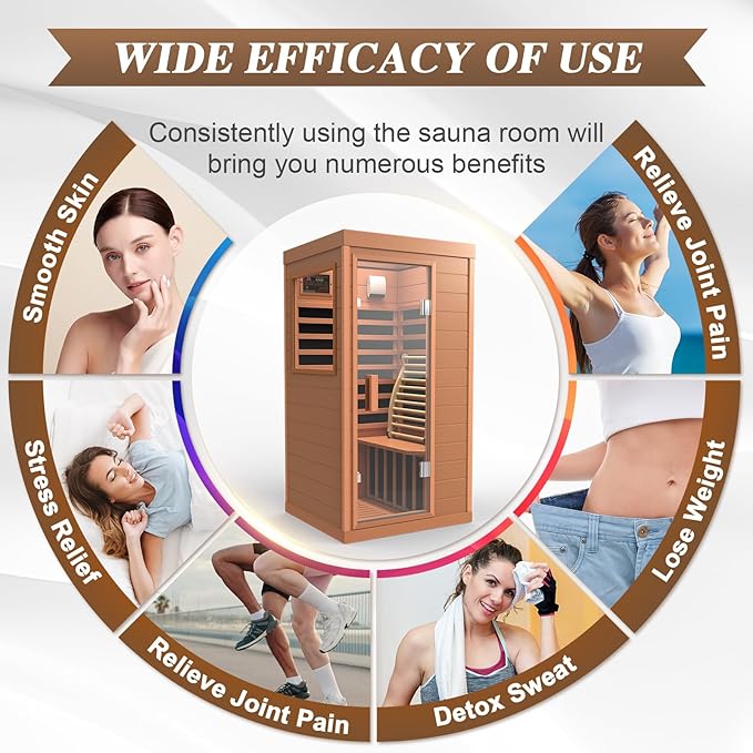 Upgraded 1 Person Sauna Infrared Sauna with Backrest, Hemlock Dry Sauna Indoor Wood Sauna for Home, 1062W 110V Red Light Far Infrared Sauna Low EMF with Integrated Speakers, Reading Lamp (Red)