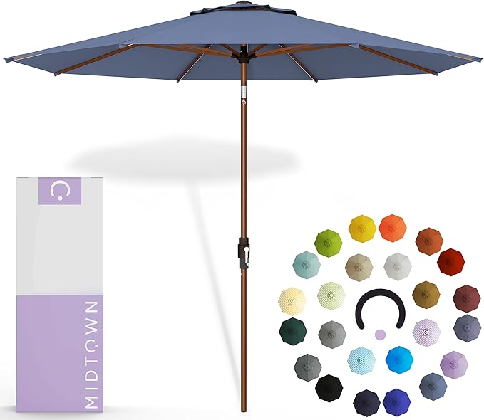 Midtown Umbrellas The Wooden 2-10 Feet Large Patio Umbrella, Terylast Light Navy Fabric - Auto-Tilt Aluminum Frame For Backyard Umbrella, Deck Umbrella, Garden Umbrella & Pool - Wooden Pole