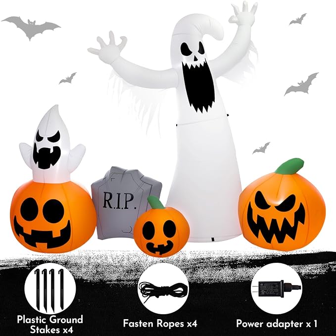 8 Ft Halloween Inflatables Outdoor Decorations, Halloween Decorations Ghost Pumpkins Tombstone with Built-in LED Lights for Halloween Party Indoor Outdoor Decor