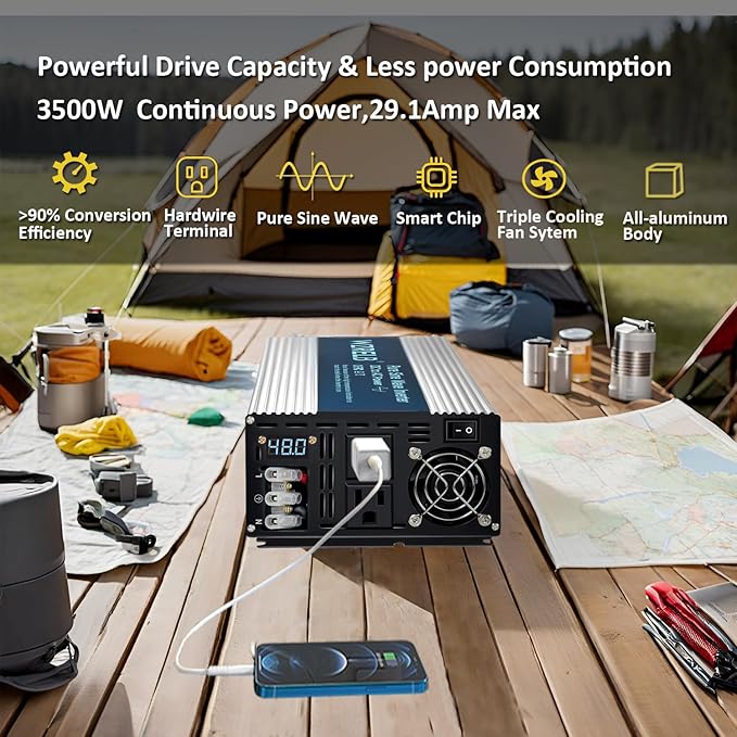 WZRELB 3500W Pure Sine Wave Inverter 48V DC to 110V 120V AC Power Converter with LED Display, Hardwire Terminal,Off-Grid Portable Power Inverter with Dual AC Outlets for Home, RV, Truck, Camping