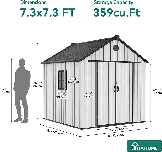 YITAHOME 8 x 8 ft Outdoor Plastic Storage Shed with Floor, Waterproof Garden Shed with Lockable Door, Windows & Vents, Plastic Tool Storage for Patio Furniture, Lawn Mower, Bike Storage