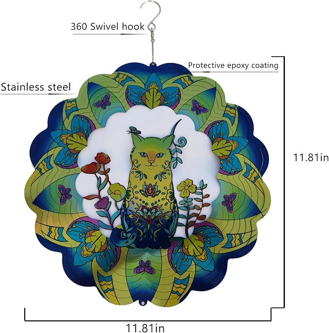 DJUAN Cat Stainless Steel Wind Spinners- Cat Memorial Gifts for Women Mom Grandma Wife, Pet Memorial Wind Spinner for Outdoor Garden Decor,12 inch Hanging Wind Spinner for Cat Lovers Gifts