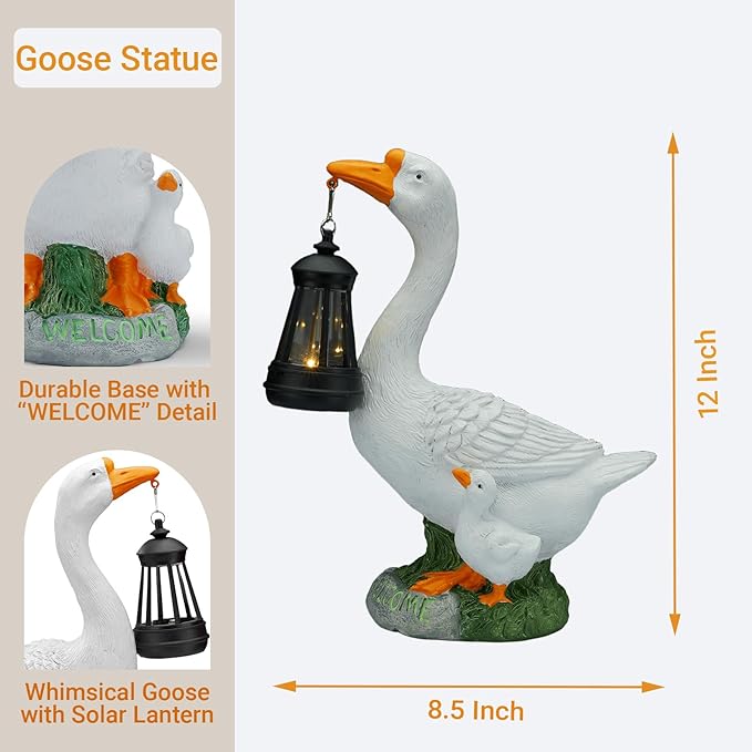 Solar Porch Goose Statue, Outdoor Goose Decor with Lantern for Yard Lawn Patio Balcony, Birthday Christmas Housewarming Gifts for Mom, Grandma, Women,12 Inch,Resin