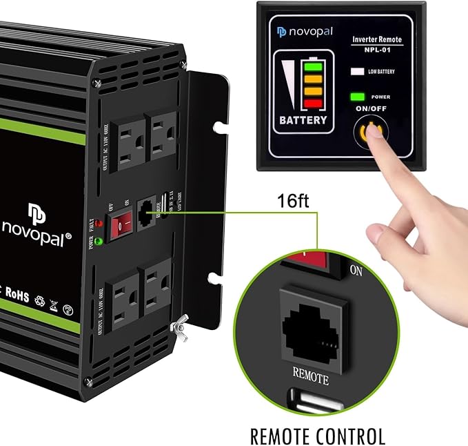 Novopal 2000 Watts Pure Sine Wave Inverter 24V DC to 120V AC Converter for Truck,Home, RV, Off-Grid Power Inverter 24V to 110V with LCD Display, Remote Controller Black