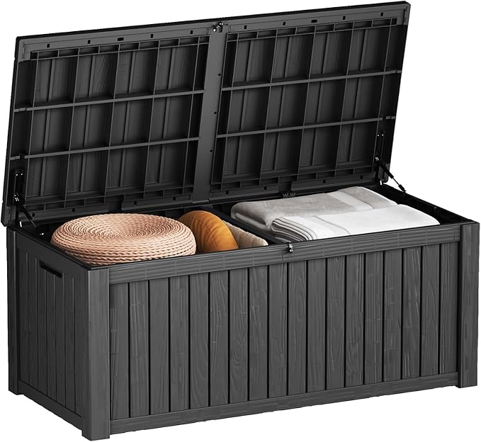 EasyUp 150 Gallon Outdoor Storage Box Waterproof, UV Resistant Resin Deck Box with Hydraulic Rod, Reinforced Stability for Patio, Garden, and Pool, Striped Black