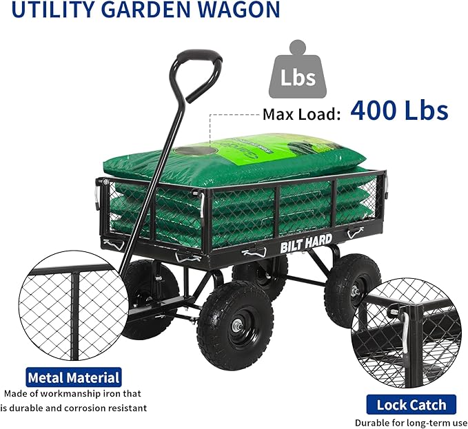 BILT HARD Flat Free Steel Garden Cart 400 Lbs, Heavy Duty Utility Wagon with Removable Mesh Sides, No-Flat Garden Carts and Wagons Flatbed, Black