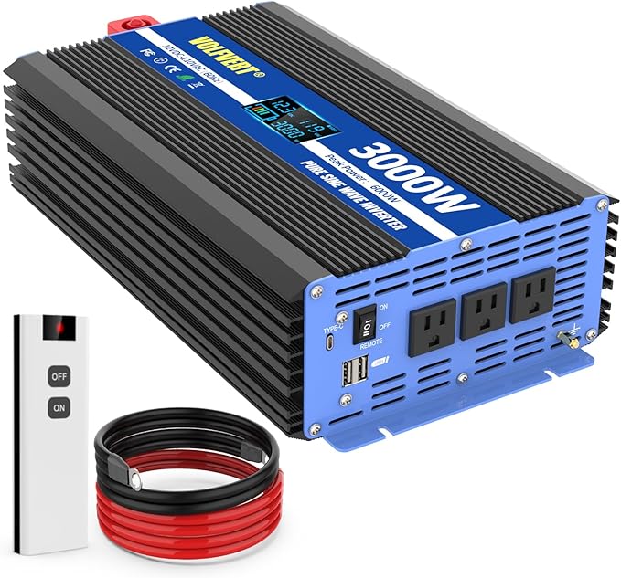 Pure Sine Wave Inverter 3000 Watt Pro, Home DC 12V to AC 110V 120V Power Car Converter with Three Sockets, Dual USB Port, Type-C Port, LCD Display, Remote Control, Smart Cooling Fans, Cable Included