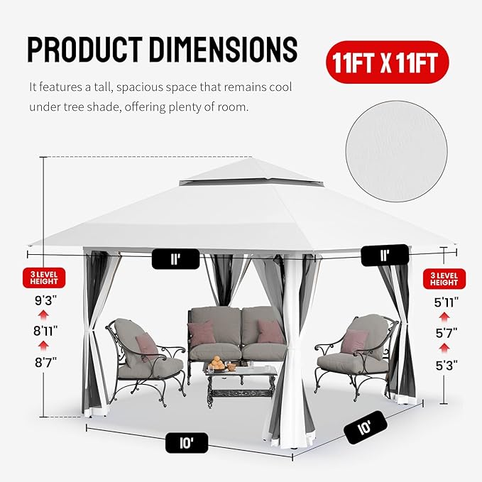 CROWN SHADES 11X11 Outdoor Pop Up Gazebo Base 10X10 Patio Gazebos Patented Center Lock Quick Setup Newly Designed Storage Bag Instant Canopy Tent with Mosquito Nettings (11x11, Gray)