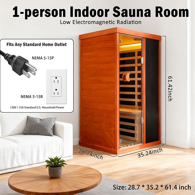 RIGO Home Far-Infrared Sauna Cabin 530W Single-Person Indoor Sauna Cabin, LoElectromagnetic Radiation Dry SaunaDimensions: 28.74 × 35.24 × 61.61 inches
