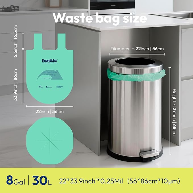 8 Gallon 160 Counts Small Green Trash Bags with Handle, Ocean Fishing Nets Upcycling, Sage & Sea Salt Scented, Plastic Garbage Bags, Waste Bag for Kitchen, Bathroom, Office and Pets