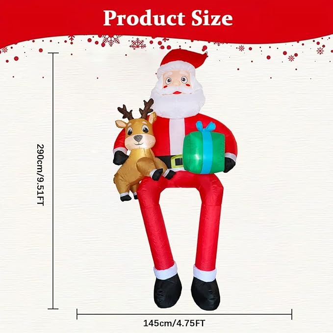 9.5Ft Christmas Inflatables Outdoor Decoration, Giant Sitting Santa Claus & Reindeer with Gift Box Christmas Inflatable with LED Light Blow Up Yard Decorations for Xmas Roof Eaves Lawn