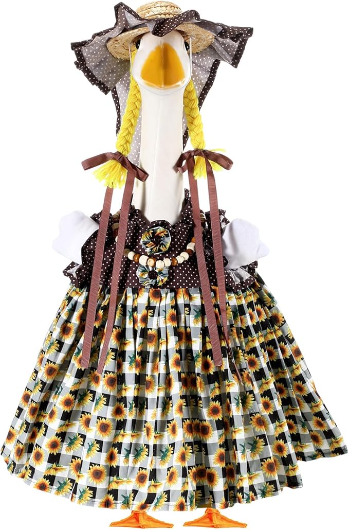 Fall Thanksgiving Goose Outfit Sunflower Porch Goose Costume with Hat Necklace for 23 Autumn Patio Yard Lawn Decor(Plaid Sunflower)