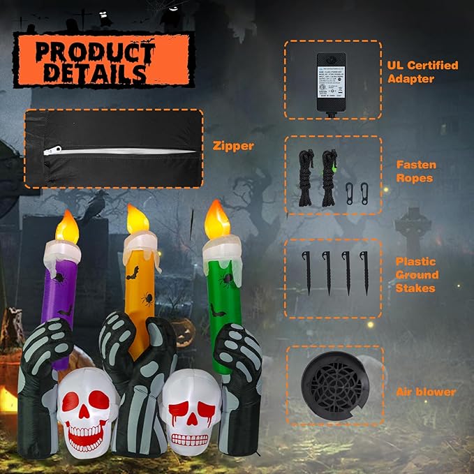 Halloween Inflatable Decoration Skull Candles 6 FT Halloween Inflatables Outdoor Blow up Outdoor Halloween Inflatables Decorations with LED Light Built-in for Holiday Party Yard Decor