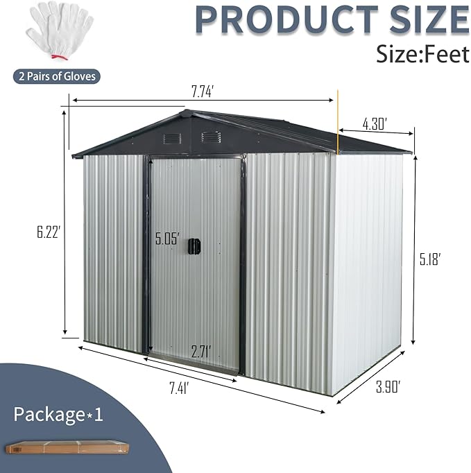 8ft 4ft Outdoor Metal Storage Shed with Sliding Door & Foundation – Durable, Weather -, Lockable for, Tools & Equipment (White + Black) (1 Doors)