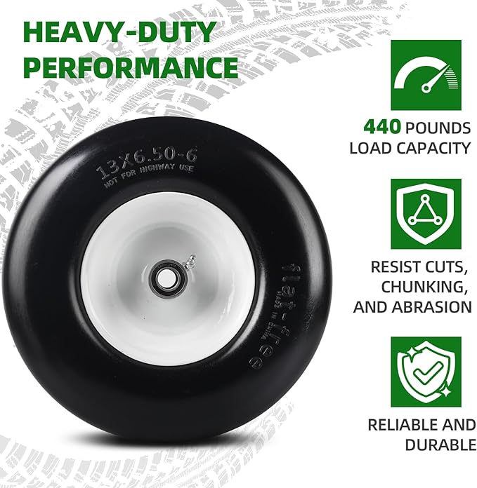 AR-PRO (2-Pack) 13x6.50-6 Flat Free Tire and Wheel - Universal 13x6.5-6 Solid Rubbe Riding Lawn Mower Tire with Rim - With 5.5"-7.8” Centered Hub and 3/4" Bearings extra 5/8" 1/2” Bushings
