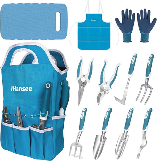 Blue Garden Tool Sets 12-Piece, Aluminum Gardening Hand Tools w/Ergonomic Handle, Garden Supplies Organizer Handbag, Kneeling Pad, Apron and Gloves, Gift for Women, Garden Starter Kit for Women