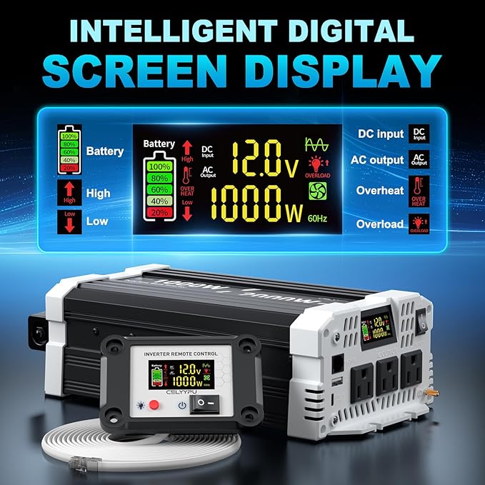 1000 watt Pure sine Wave Inverter, 12V DC to 110V AC Power Inverter, Used for Solar Emergency Power Supply in RV Homes, with 3 AC Output sockets, USB Port, Type-C Port, Remote Control with LCD Screen