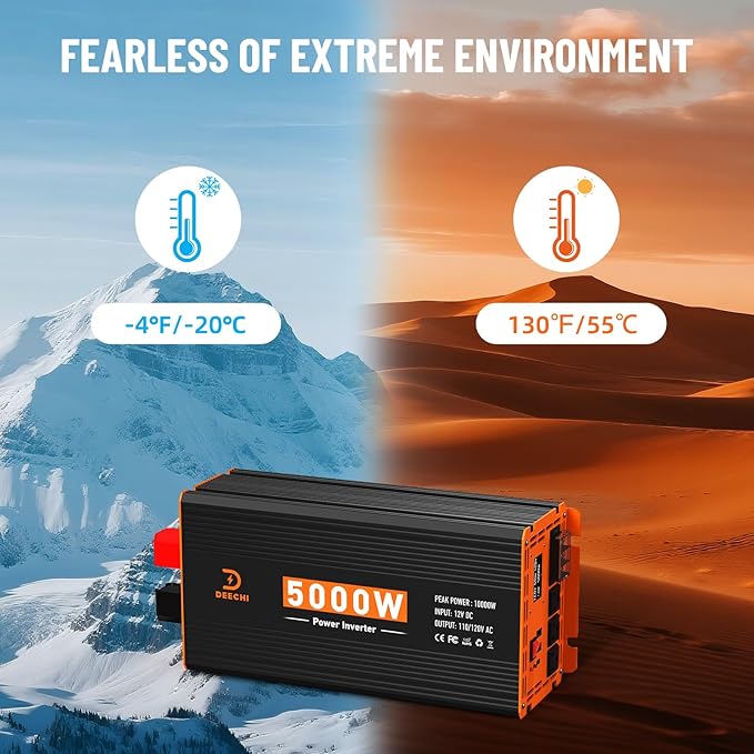 5000W Power Inverter 12V DC to 110V/120V AC Converter for RV/Truck/Boat/Camping/Off-Grid Solar Car Power Inverter Peak Power 10000W with 3 AC Outlets,USB & Type-C Port, Remote Controller & LCD Screen