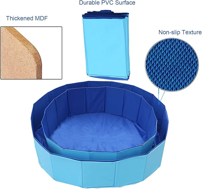 Foldable Pet Dog Kids Swimming Pool(32'' x 8''),Plastic Anti-Slip PVC Bathing Tub Swimming Pool Durable Fiberboard Kiddie Pool Blue