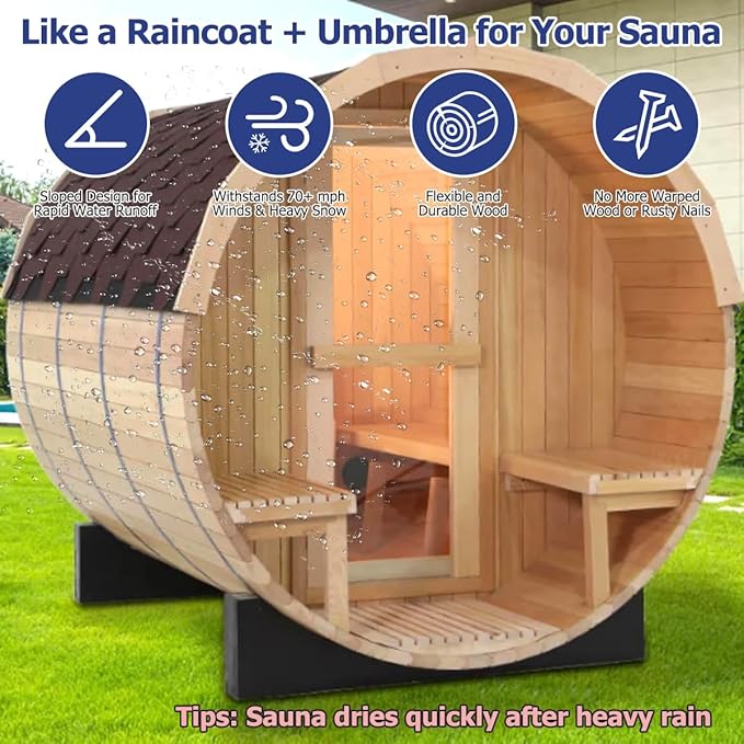 Outdoor Barrel Steam Sauna with Porch, Canadian Hemlock Wood Sauna 6 Person, 6KW Toule Heater, 220V, Waterproof System, Asphalt Shingles, Rugged Base(0-195℉)