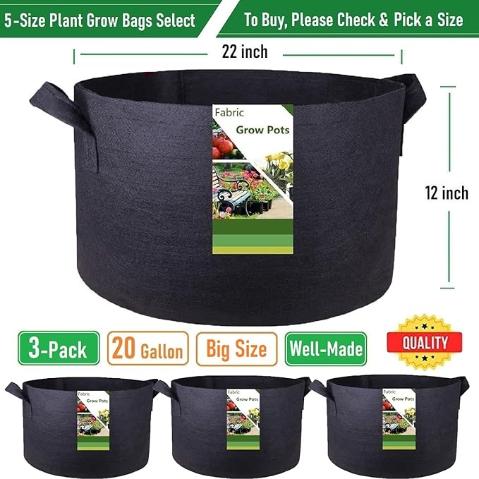 3-Pack 20 Gallon Thickened Plant Grow Bags Large (22x12 in) Heavy Duty Garden Bag Fabric Plant Pots for Tomato,Potato Planter,Flower Pots,Herbs Veggies Planting,Barrel Planter,Yard Waste Bag,Leaf Bags