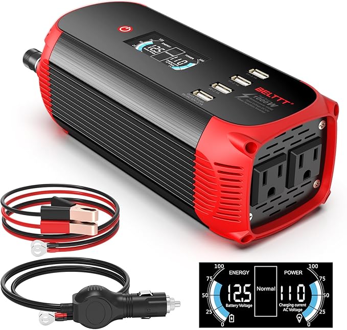 BELTTT 500W Car Power Inverter, DC 12V to 110V AC Power inverters for Vehicles with 2 AC Outlets, 4 USB Ports and LCD Digital Display, Car Plug Adapter Outlet Converter