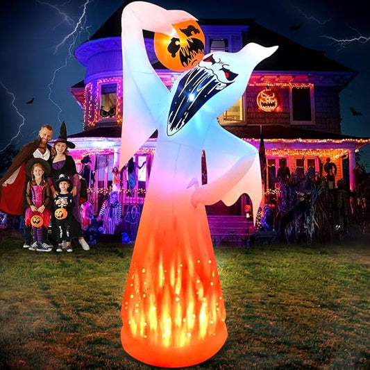 10 FT Halloween Inflatables Ghost with Pumpkin Decoration, Built in Flame Rotation LEDs Huge Halloween Inflatable Large Spooky Blow Ups Halloween, Party, Indoor, Outdoor, Garden, Yard Lawn