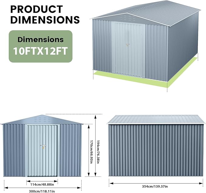 10x12 Ft Outdoor Metal Storage Shed, Galvanized Steel Garden Sheds with Lockable Doors, Extra Large Utility and Tool Storage for Patio Lawn Backyard Outside Use, Grey