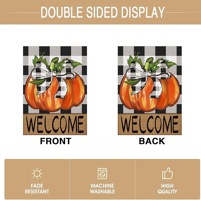 Garden Flags Set of 2 Incl. Fall Pumpkin Welcome Flag & Happy Halloween Garden Flag, Autumn Thanksgiving Holiday Harvest Burlap Yard Flag, Ghost Bats Decorations Outdoor, Double Sided 12x18 Inch