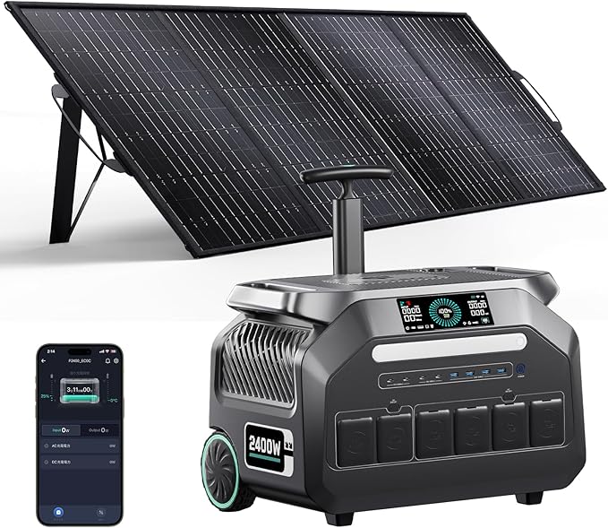 IEE P2400 Portable Power Station with 1x500W Solar Panel,2400W AC Outlet(Peak 5000W),1800W 1.2H Fast Charge,2048WH Lifepo4 Battery,5-8MS EPS Switch Below 30DB Solar Power Generator for Home Backup,RV.