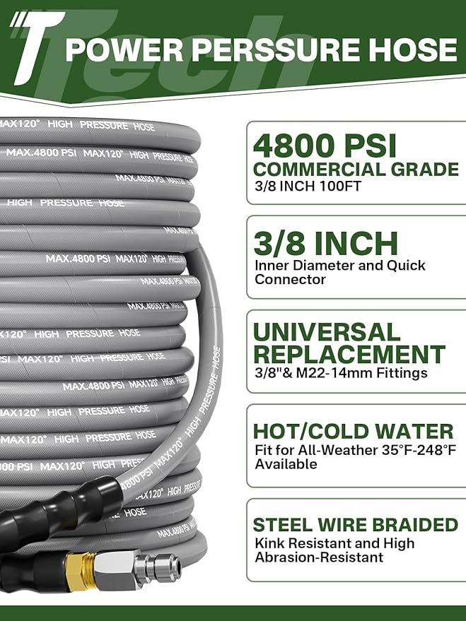 3/8" 4800PSI Pressure Washer Hose 100FT with Swivel Quick Connect for Cold/Hot Water Max 248°F, Kink Resistant Steel Wire Braided, Wear Resistant Power Washer Hose with M22 14mm Adapter