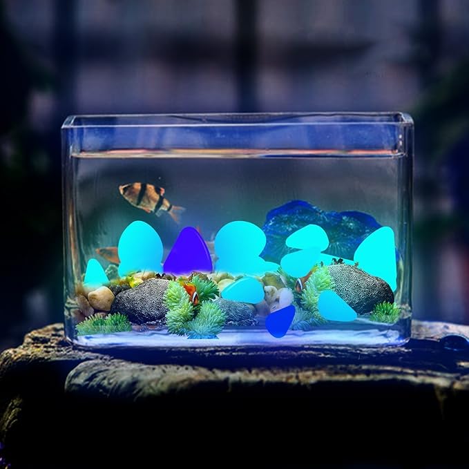 GLOCARNIVAL Glow Pebbles, 300 pcs Blue Glowing Rocks for Outdoor Decor, Garden Lawn Yard, Aquarium, Walkway, Fish Tank, Pathway, Luminous Pebbles Powered by Light or Solar