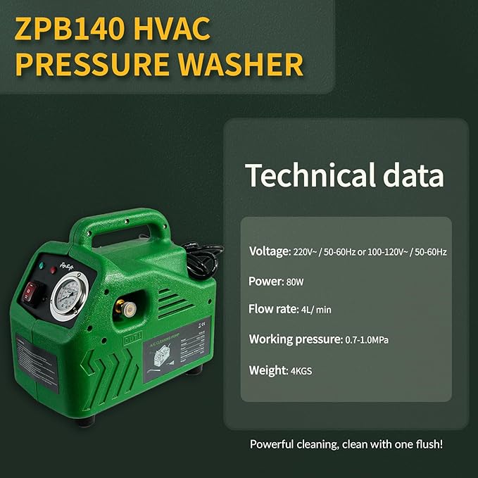 ZPB140 Port A Blaster HVAC Coil Cleaning, Portable Pressure Washer & Coil Jet Cleaner for AC Unit, 120V 80W with 4L/min Flow Rate & 0.7-1.0MPa Working Pressure, for Indoor or Outdoor Use