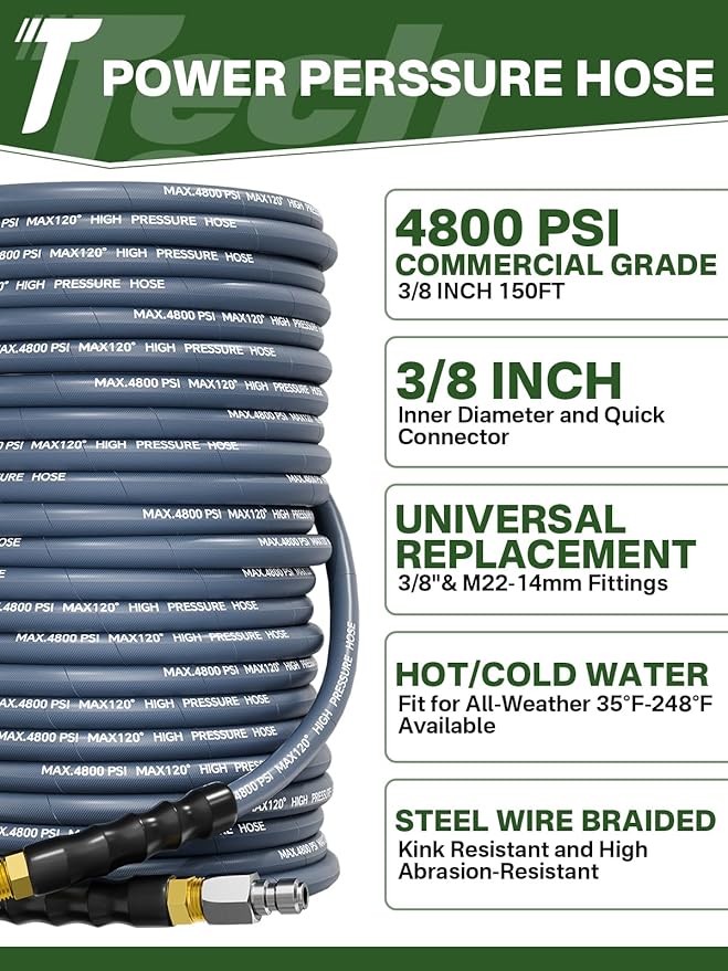 3/8" 4800PSI Pressure Washer Hose 150FT with Swivel Quick Connect for Cold/Hot Water Max 248°F, Kink Resistant Steel Wire Braided, Wear Resistant Power Washer Hose with M22 14mm Adapter