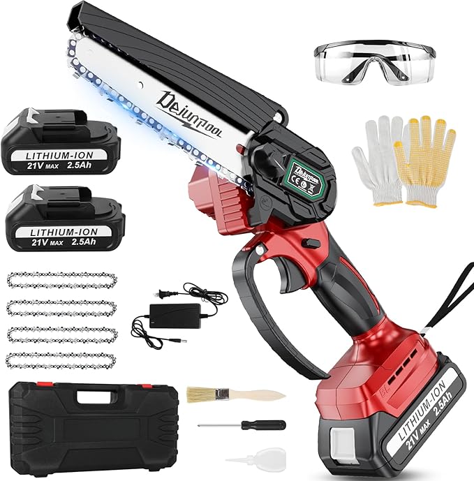 Mini Electric Chainsaw Cordless Brushless, 6 Inch Small Chainsaw Battery Powered, Handheld Chain Saw for Wood Tree Branches Pruning, 4 Chains, 2x 2500 mAh Battery, Garden Tools Christmas Gifts for Dad