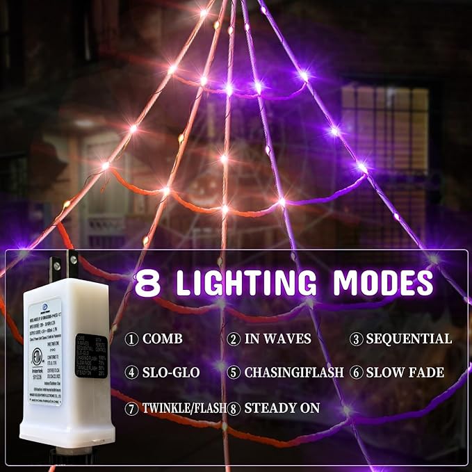 HBSTK 8 Modes 20 * 17FT Halloween Light Up Spider Web 250 Led Purple & Orange Lights Operated with 6.5Ft Giant Spider 200sqft Cobweb 20 Small Spiders for Indoor and Outdoor Decor Yard Decoration