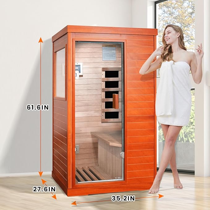 Sauna, Far Infrared Saunas for Home One Person Sauna Okoume Wood 800W/110V Low Emf Dry Sauna Indoor Sauna Room with Tempered Glass Door/Speakers/Air Hole and LED Lighting - 35.2 * 27.6 * 61.6 in