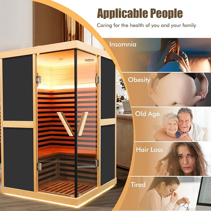 Far Infrared Sauna 2 Person Home Sauna Two Person Sauna 1980W/110V Low EMF Canadian Hemlock Wood Indoor Dry Sauna, With LCD Control Panel/APP/LED lights/Speaker/Grey Glass Door - 47.2*47.2*75.6 IN