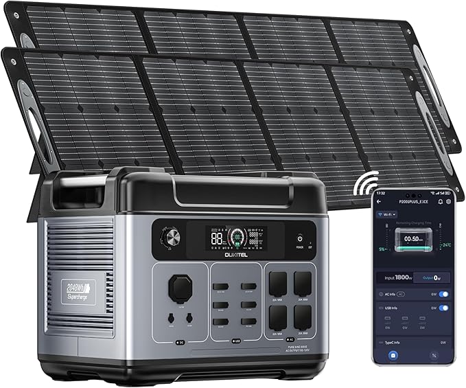 OUKITEL P2001 PLUS 2400W Power Station with 2x200W Solar Panels, 2048Wh Solar Generator(Peak 5000W) 1.5Hrs Fast Full Charging APP Control LiFePO4 Battery Backup for Camping Emergency RVs