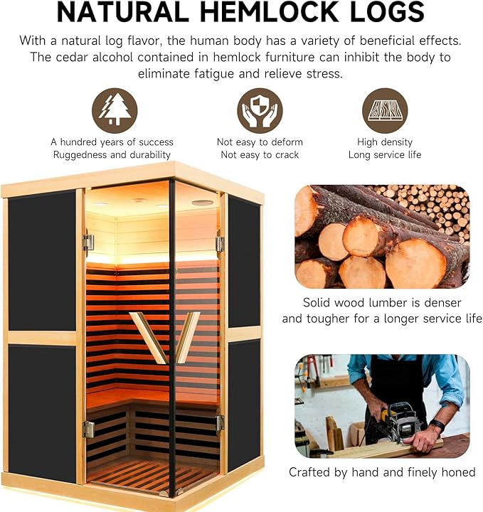 Far Infrared Sauna 2 Person Home Sauna Two Person Sauna 1980W/110V Low EMF Canadian Hemlock Wood Indoor Dry Sauna, With LCD Control Panel/APP/LED lights/Speaker/Grey Glass Door - 47.2*47.2*75.6 IN