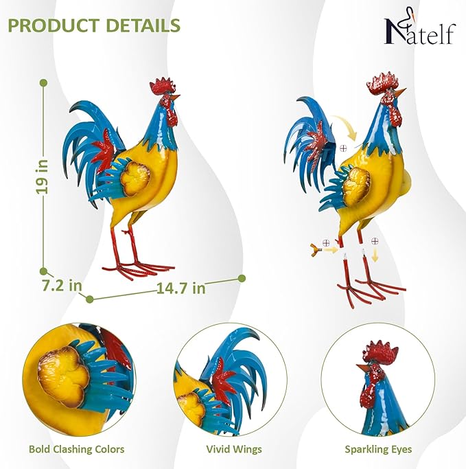 Natelf Rooster Garden Statues Outdoor Decor Metal Chicken Sculpture, Yard Art for Patio, Porch, Backyard-Rustic Farmhouse Decoration Unique Gifts for Mom, Grandma, Garden Lovers