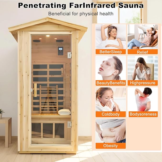 Luxury Outdoor Sauna, 1 Person Old Fir Wood Low EMF Far Infrared Sauna 1560W, Home Sauna with LCD Control Panel, Chromotherapy Light, Reading Light, Bluetooth Speaker