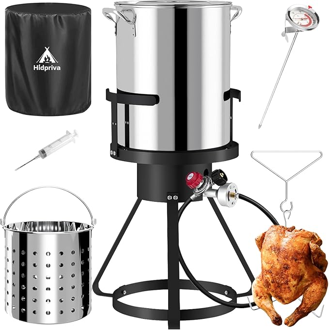 Outdoor Turkey Fryer Set 30QT | Stainless Steel Pot with 15QT Basket | Lid & Lifting Hook & Thermometer | 50,000BTU Propane Gas Burner | For Turkey, Crawfish, Crab, Shrimp & Lobster