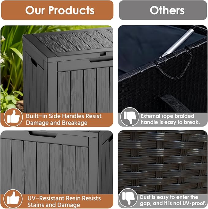 30-Gallon Outdoor Deck Box with Wood-Grain Finish, UV Resistant Waterproof Storage Container with Lock, Storage Box for Camping, Garden & Backyard, Multi-Functional Seat and Table, Black