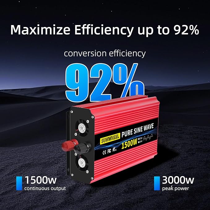SUNWHEEL 1500W 24V Pure Sine Wave Inverter, 24V DC to 110V/120V AC Power Inverter for RV、Off Grid、Truck、Power Outage with 2 AC outlets and LCD Display