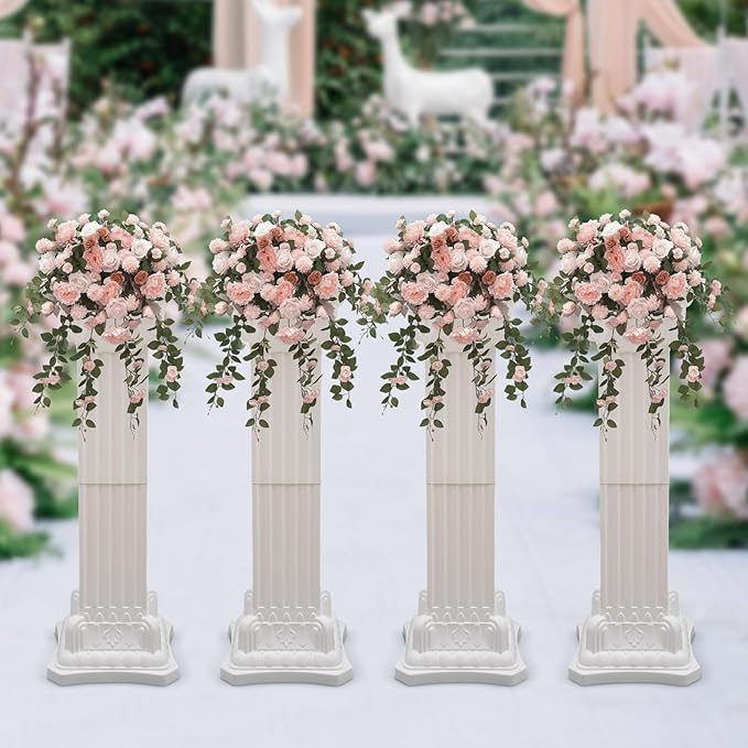 Roman Columns Wedding Stand Pillar Plant Stand Plastic Greek Statue Pedestal Flower Pot Holder Decor, Event Party Elegant Decorative Column (White, 4Pcs, 11.81x35.43 Inch)